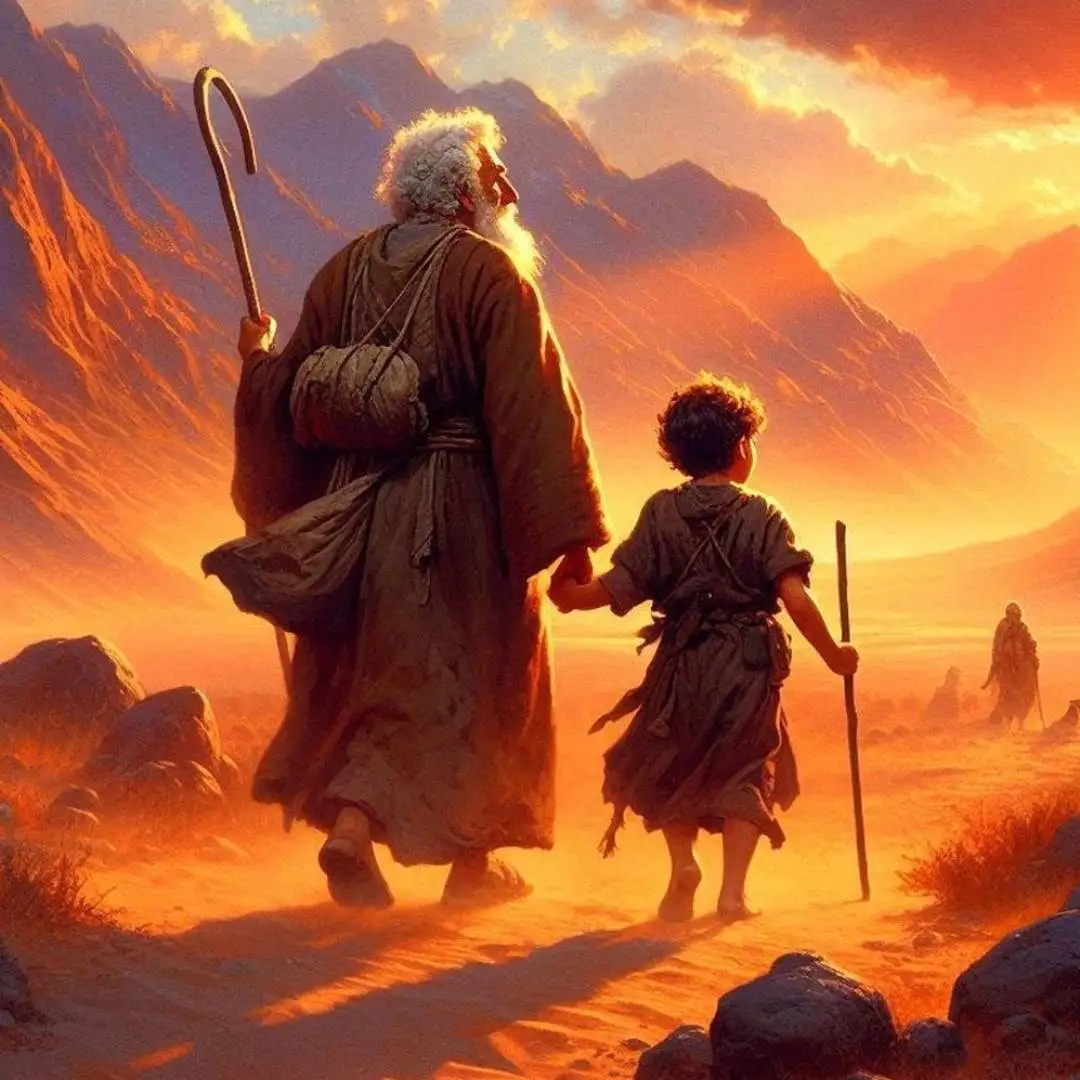 Uma pintura dramática e calorosa mostrando um idoso Abraão de costas segurando a mão de um jovem Isaque, caminhando em um deserto montanhoso sob um pôr do sol dourado e vibrante, com outras figuras ao longe.