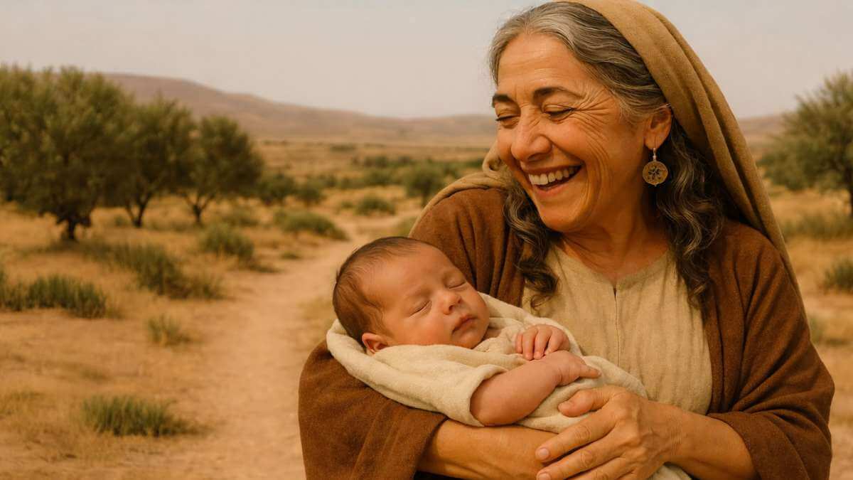 Sara idosa sorrindo alegremente segurando seu bebê Isaque no colo em um cenário desértico