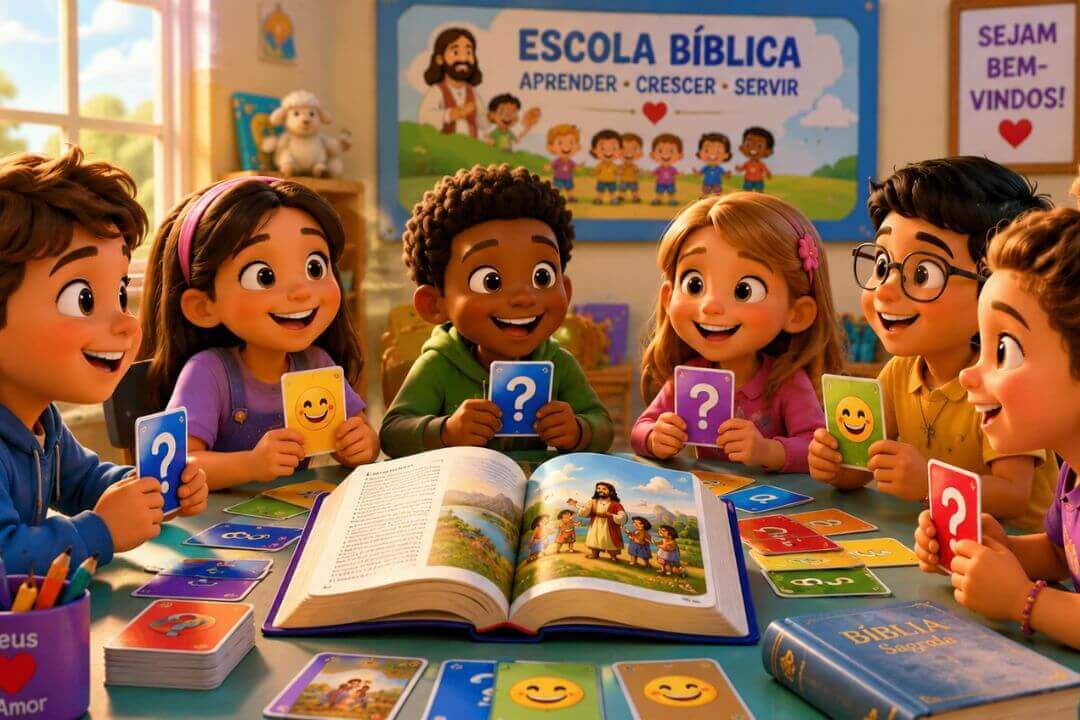 Crianças participando de atividades bíblicas divertidas