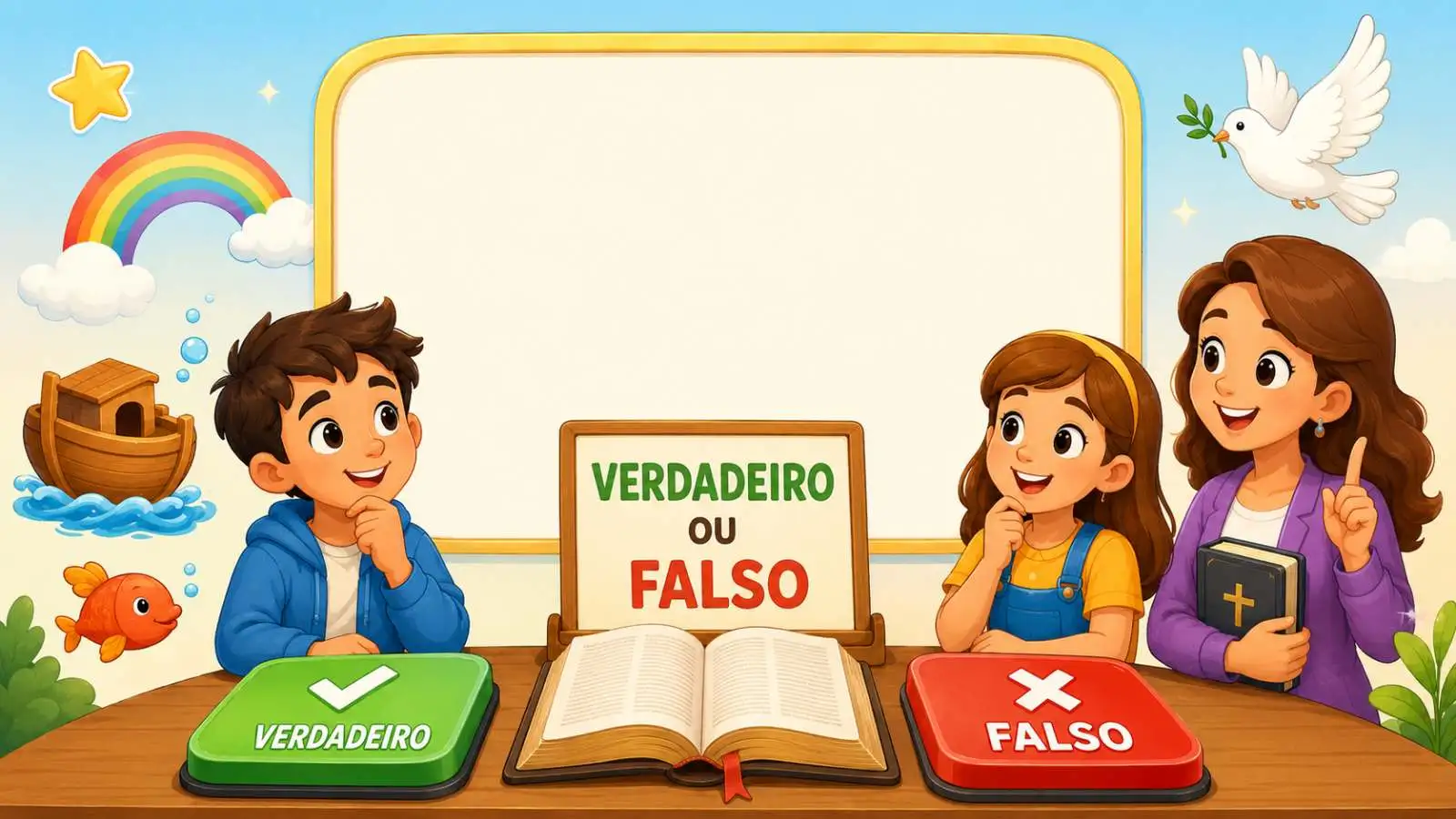 Capa do quiz bíblico infantil verdadeiro ou falso com botões de Verdadeiro (verde) e Falso (vermelho)