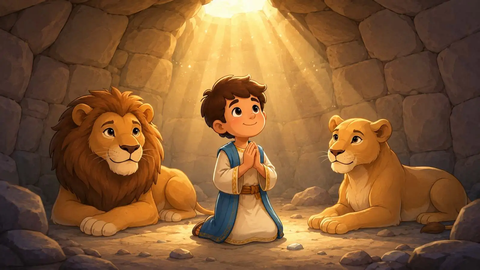 Ilustração infantil de Daniel na cova dos leões (Deus fechou a boca deles)