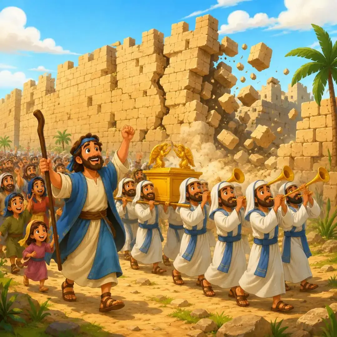 Josué e o povo marchando ao redor de Jericó tocando trombetas