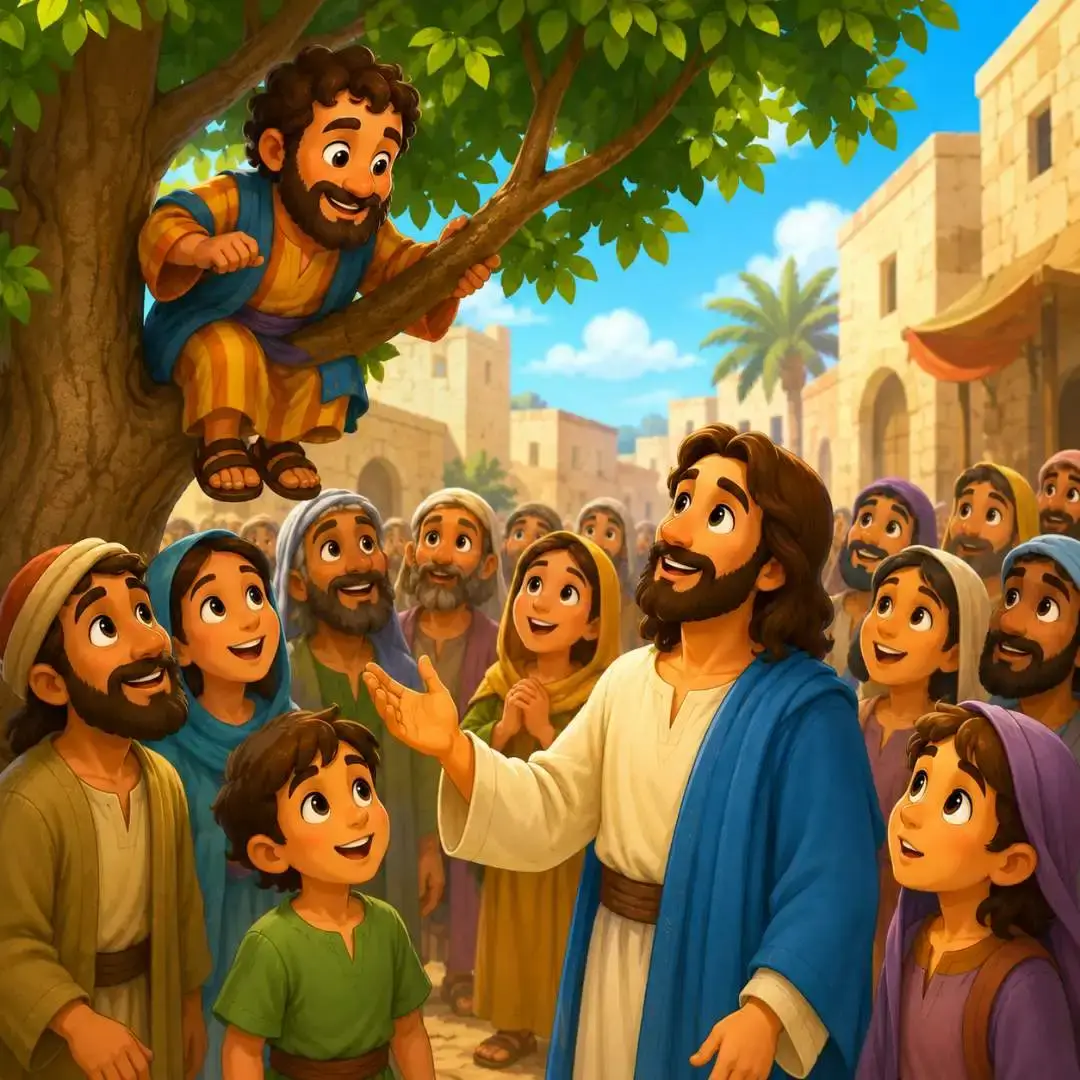Zaqueu subindo em uma árvore para ver Jesus