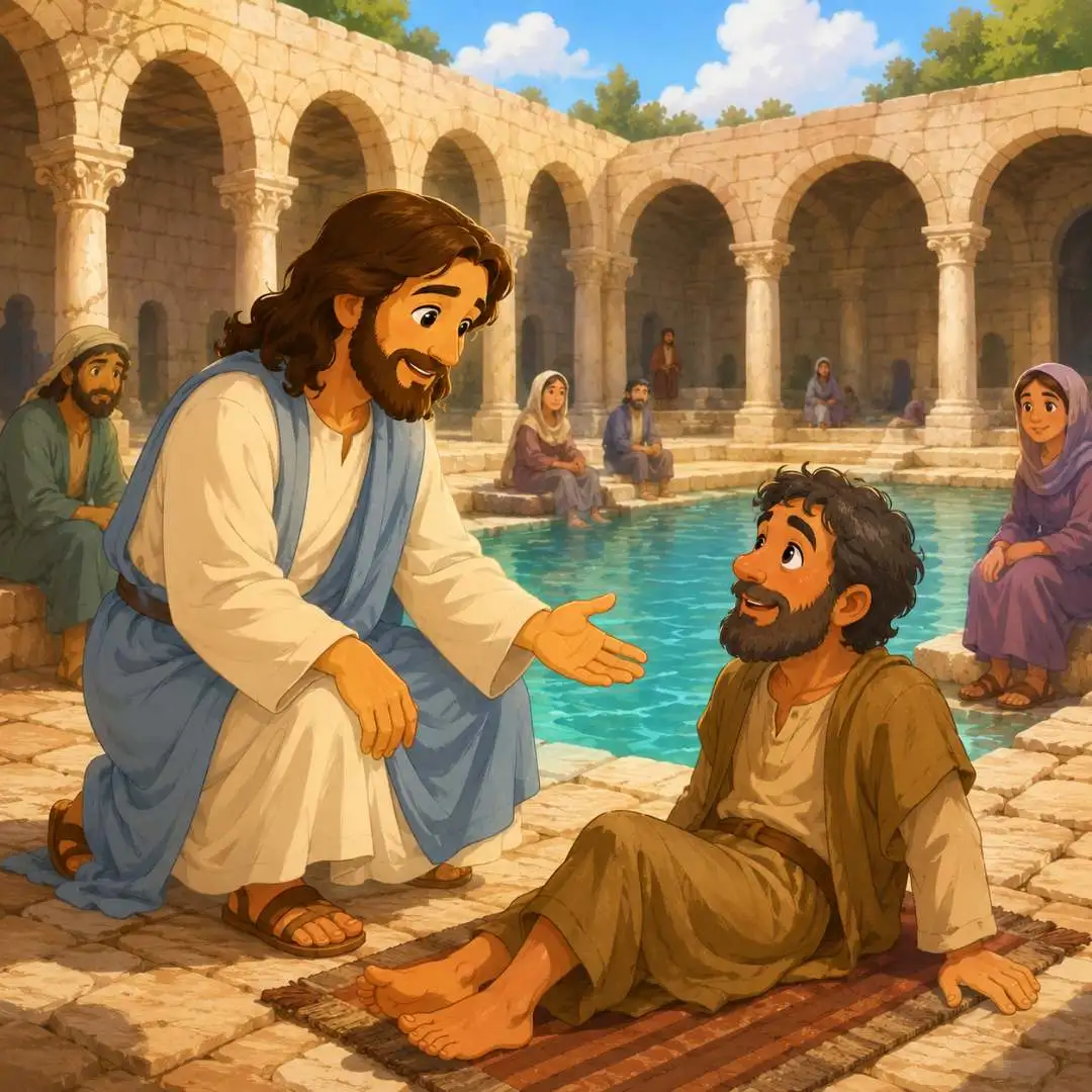 Jesus curando o paralítico no tanque de Betesda (ilustração infantil)
