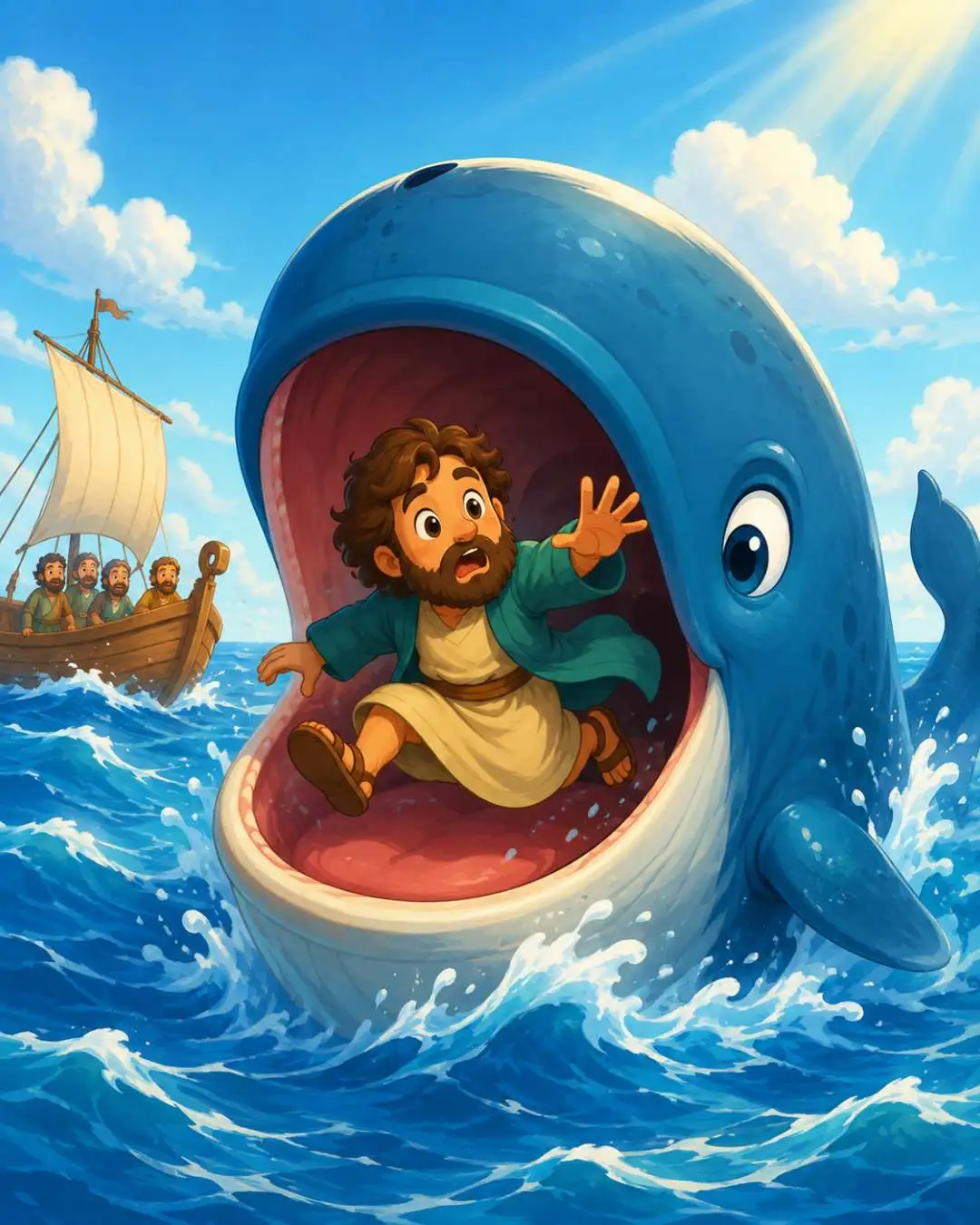 Ilustração infantil de Jonas sendo engolido por um grande peixe