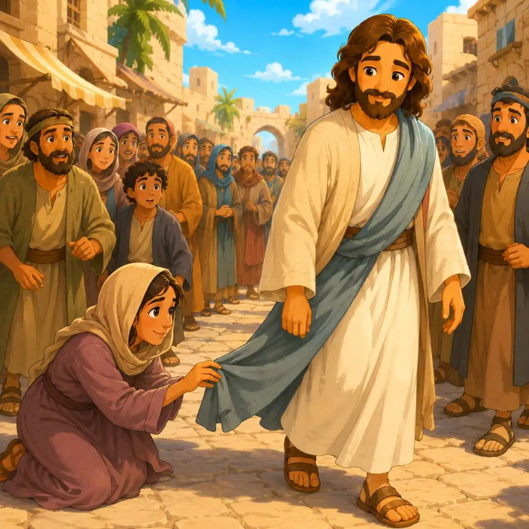 A mulher do fluxo de sangue tocando o manto de Jesus (ilustração infantil)