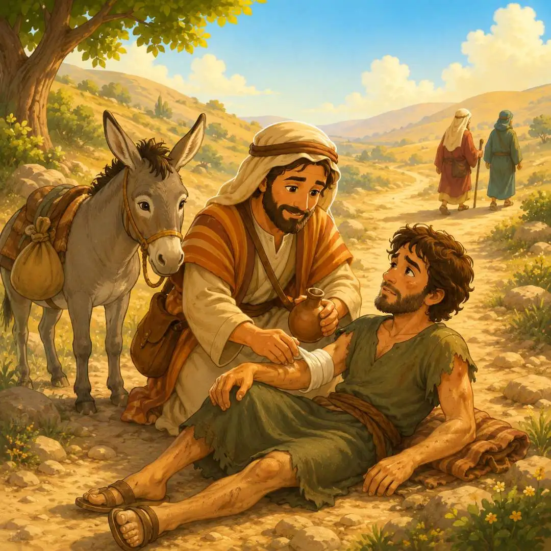 Ilustração infantil da parábola do Bom Samaritano