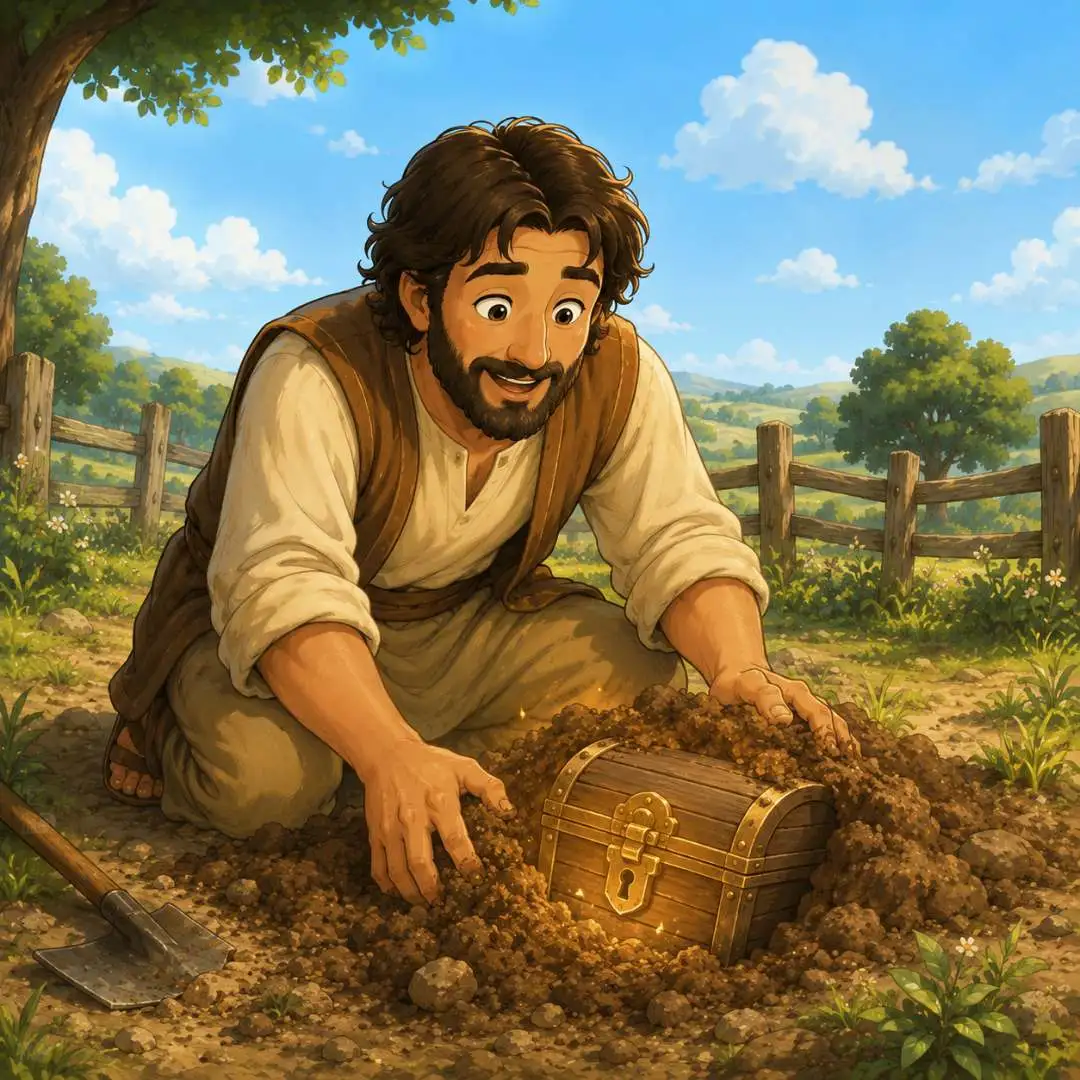 Ilustração infantil da parábola do Tesouro Escondido
