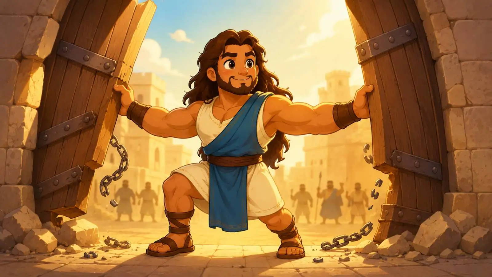 Ilustração infantil de Sansão muito forte, usado por Deus para lutar contra os filisteus