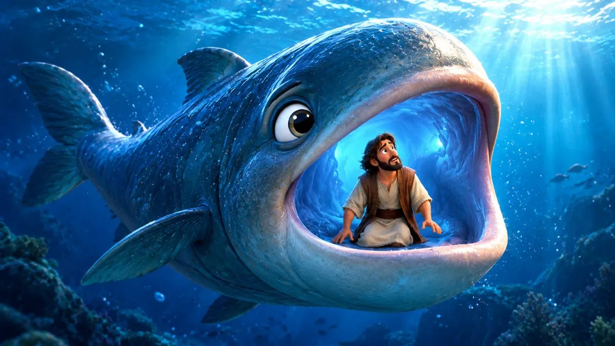 Ilustração infantil de Jonas sendo engolido por um grande peixe