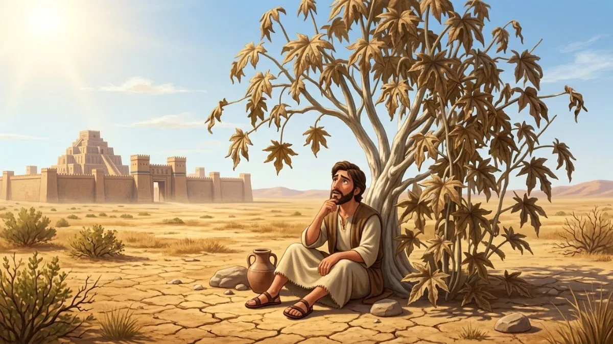 Ilustração infantil da planta seca ao lado de Jonas