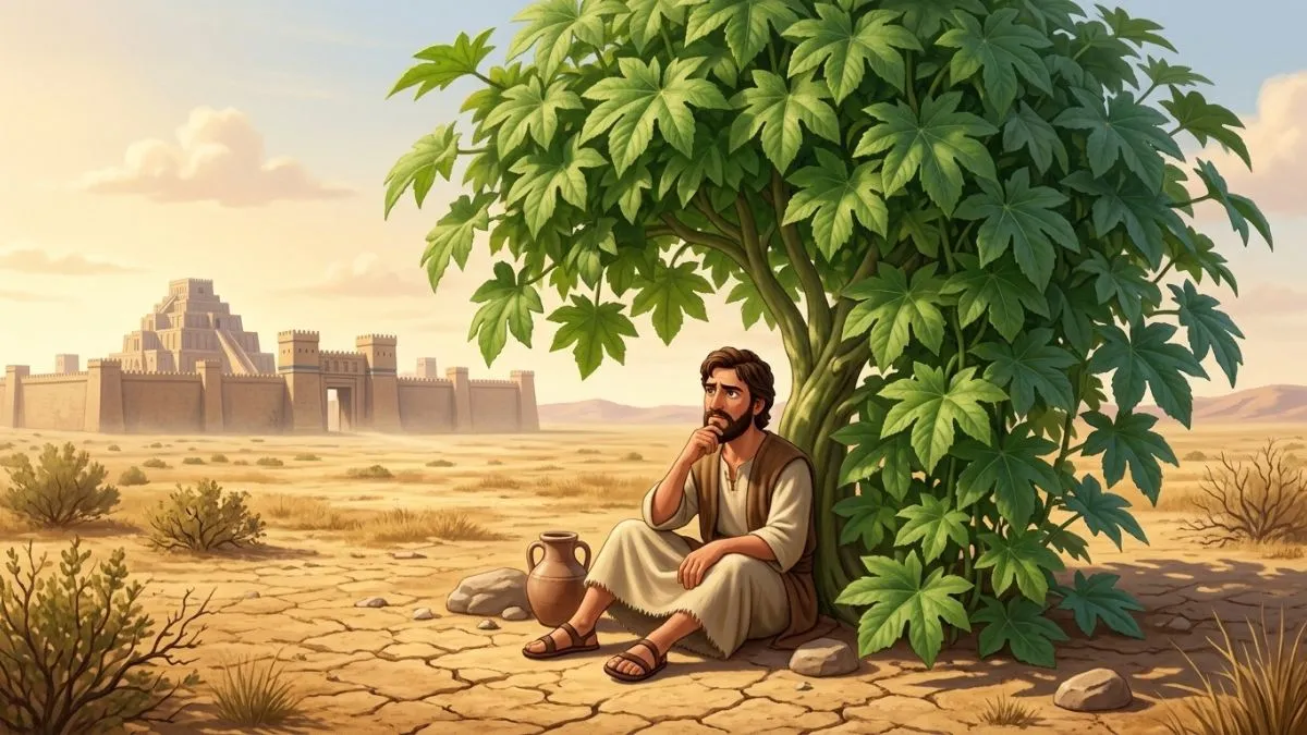 Ilustração infantil de Jonas descansando na sombra da planta