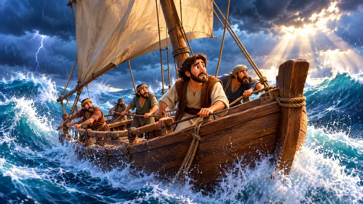 Ilustração infantil de Jonas no navio durante a tempestade