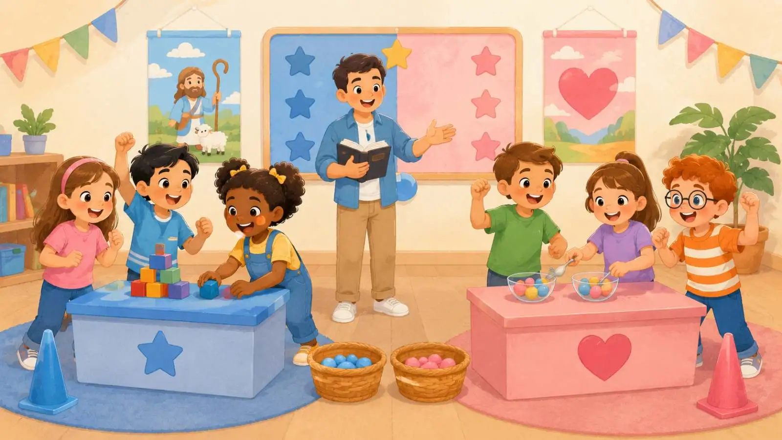 Ilustração infantil mostrando como funciona o jogo bíblico Quem Sou Eu? com pistas e cartas