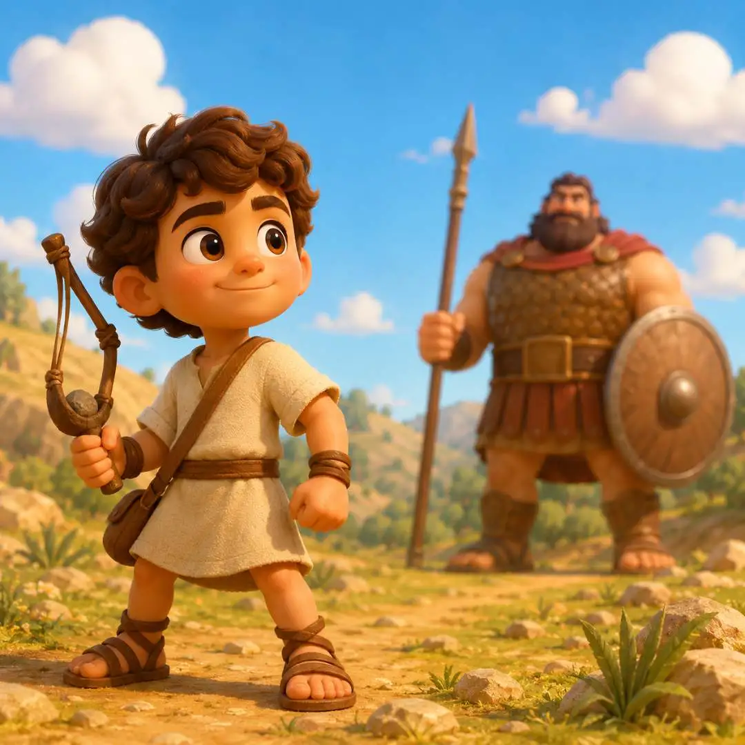 Ilustração infantil de Davi enfrentando Golias