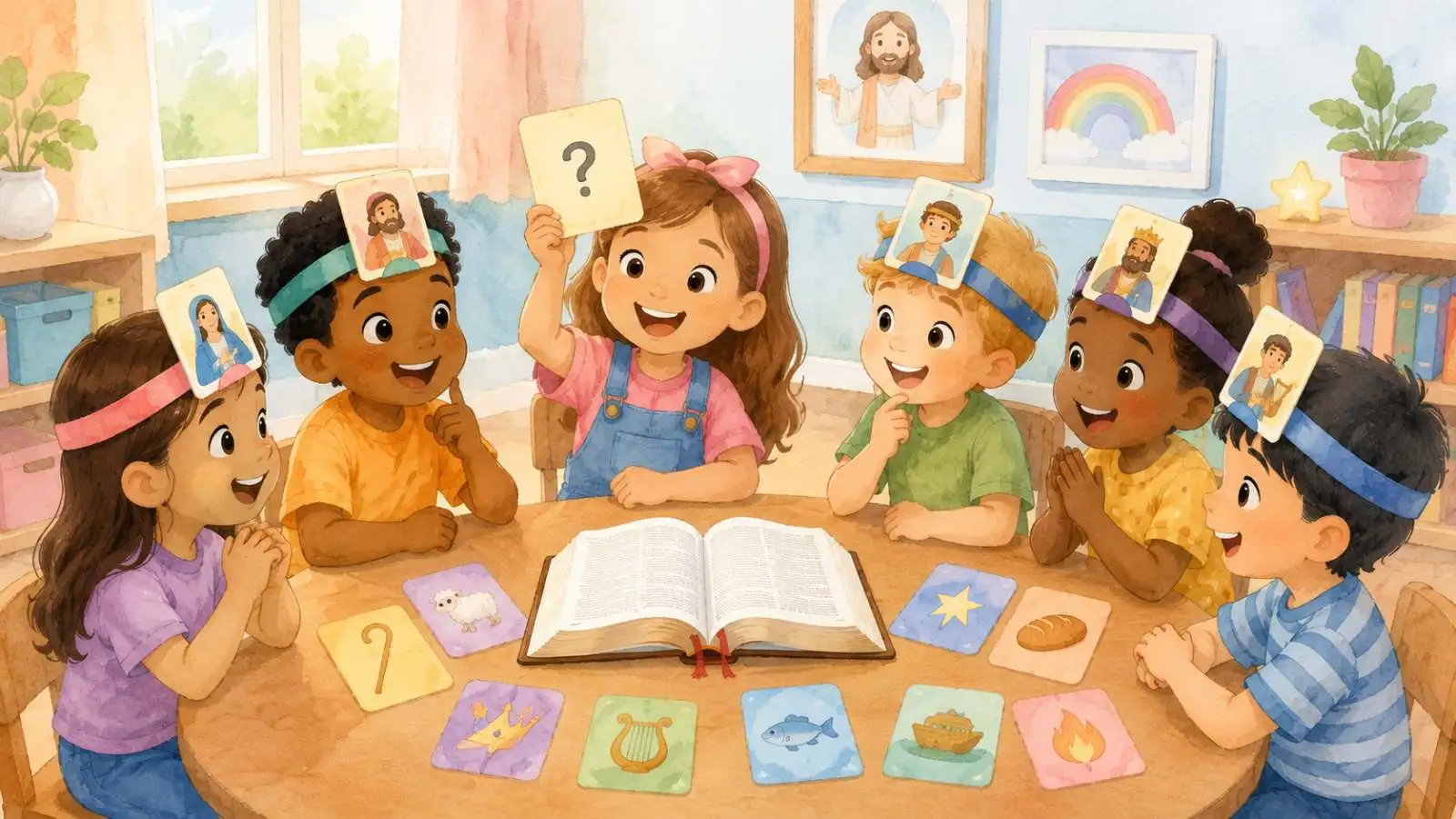 Crianças em atividade bíblica brincando de Quem Sou Eu? com personagens da Bíblia